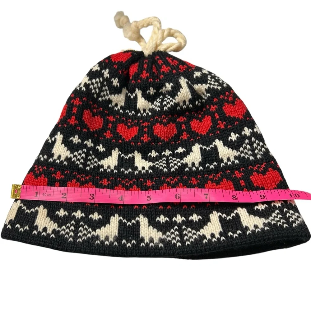 Vintage Fair Isle Wool Beanie Nordic Scandi Ski Hat Red Black Heart Pattern OS
